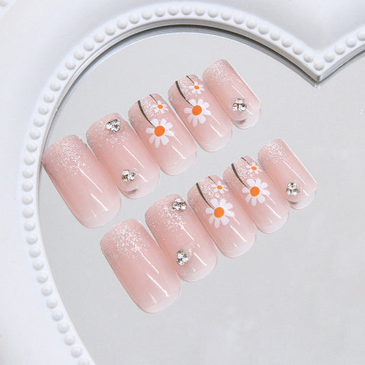 Whimsical Blossom Set Long Square Pink with Floral Designs and Sparkling Accents