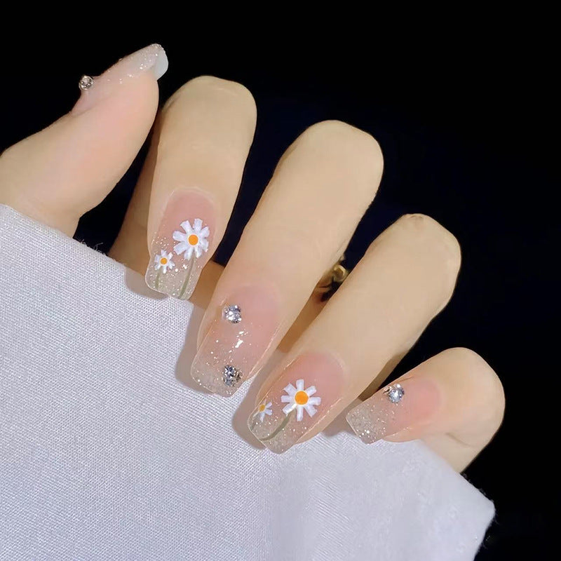 Blossoming Garden Long Square Clear Nails with Dazzling Floral Accents