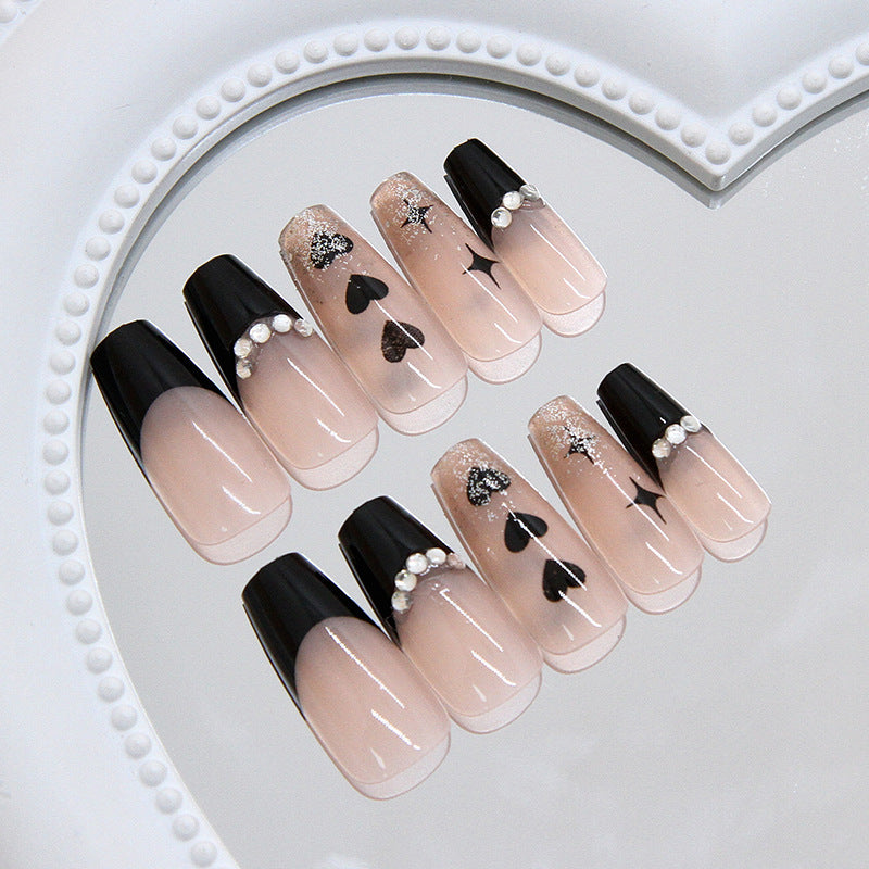 Glamorous Heartbreaker Long Coffin Black and Beige Press On Nail Set with Elegant Pearl Accents