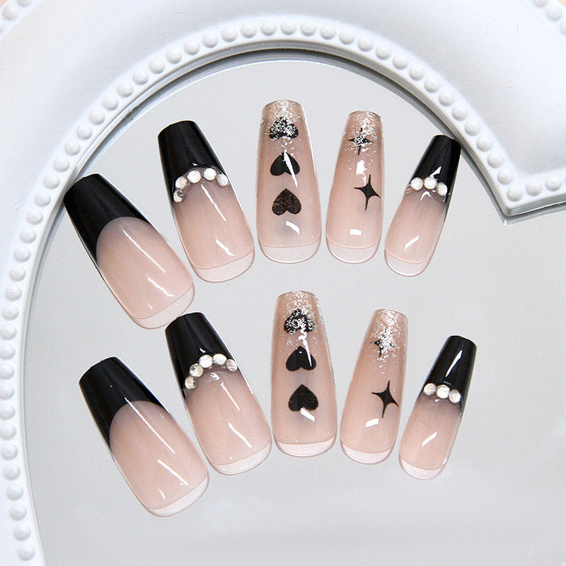 Chic Evening Glamour Long Coffin Shaped Black and Pink Gradient Press-On Nail Set with Heart and Glitter Accents