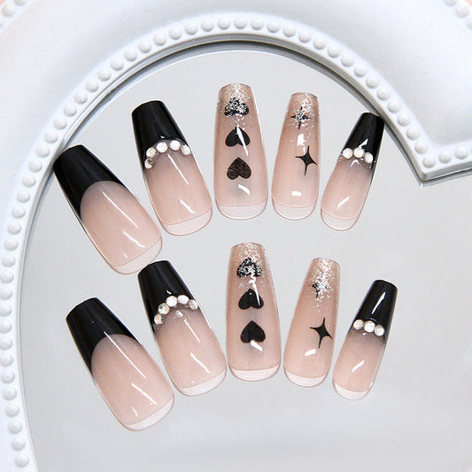 Chic Evening Glamour Long Coffin Shaped Black and Pink Gradient Press-On Nail Set with Heart and Glitter Accents