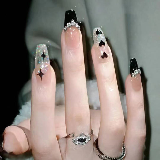 Glamorous Charm Long Coffin Black and Glittery Heart Shaped Press on Nail Set with Sparkling Rhinestones