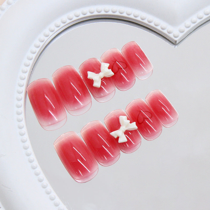 Sweetheart Charm Medium Square Pink Ombre Press on Nail Set with Cute Bow Accents