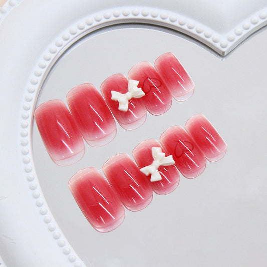 Sweetheart Charm Medium Square Pink Ombre Press on Nail Set with Cute Bow Accents