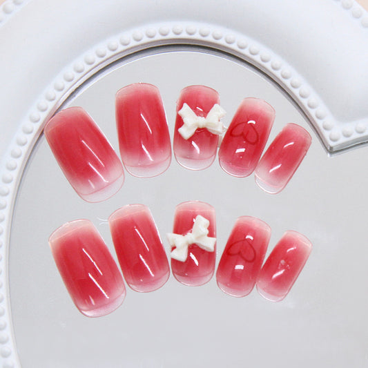 Charming Blossom Press-On Nail Set Medium Square Gradient Pink with Adorable Bow Accents