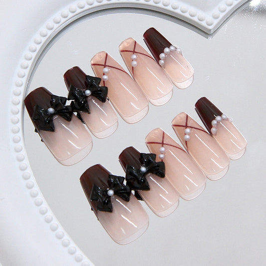 Charming Elegance Long Coffin Burgundy and Beige Press-On Nail Set with Bow and Pearl Accents