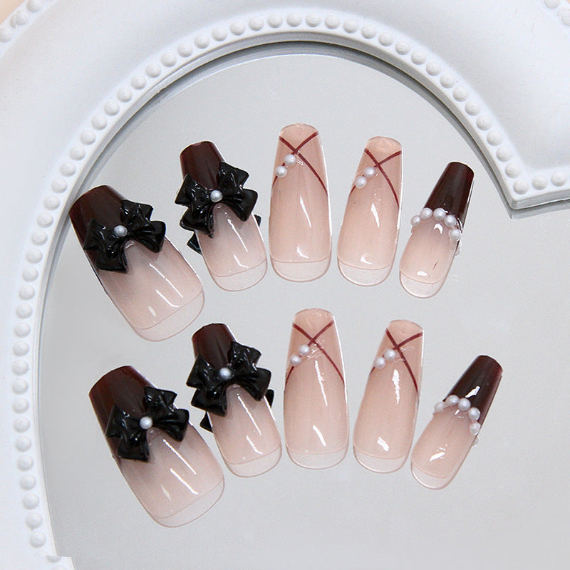 Elegant Charm Long Coffin Shaped Beige with Brown Tips and Bow Tie Accents Press On Nail Set