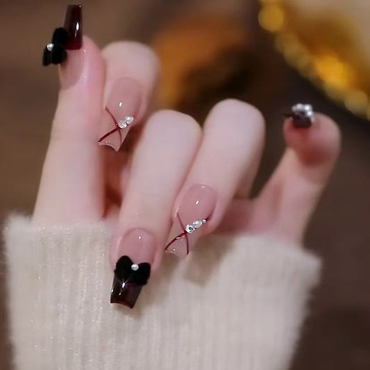 Charming Elegance Long Coffin Red and Clear with Rhinestone and Bow Detail Press on Nail Set