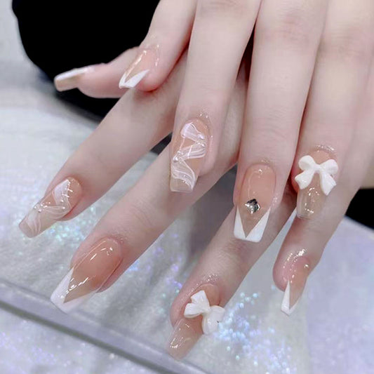 Elegant Bliss Long Coffin Clear Press-On Nail Set with Whimsical Bow Accents