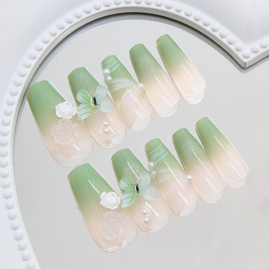 Botanical Elegance Extra Long Coffin Green Ombre Nail Set with Floral Accents and Pearls