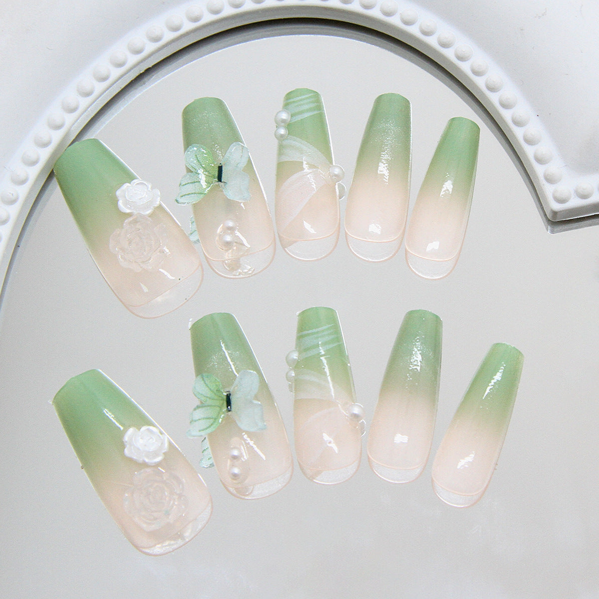 Whimsical Garden Chic Long Coffin Gradient Mint Green Press On Nail Set with Floral Accents and Pearls
