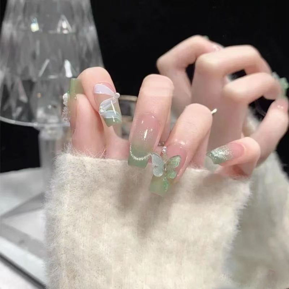 Whimsical Garden Inspired Long Coffin Light Green and Clear Nails with Butterfly Accents