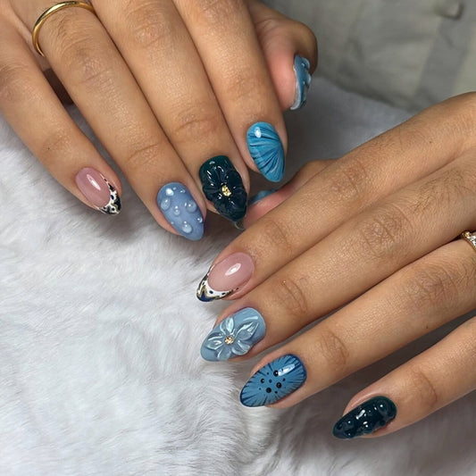 Ocean Breeze Medium Almond Shaped Blue Multidimensional Press On Nail Set