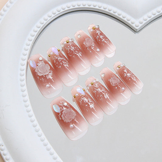 Romantic Blossom Long Coffin Pink Press-On Nail Set with Pearl and Floral Accents