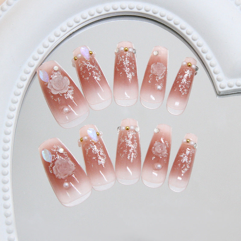 Romantic Garden Long Coffin Pink with Floral Embellishments and Glitter Press On Nail Set