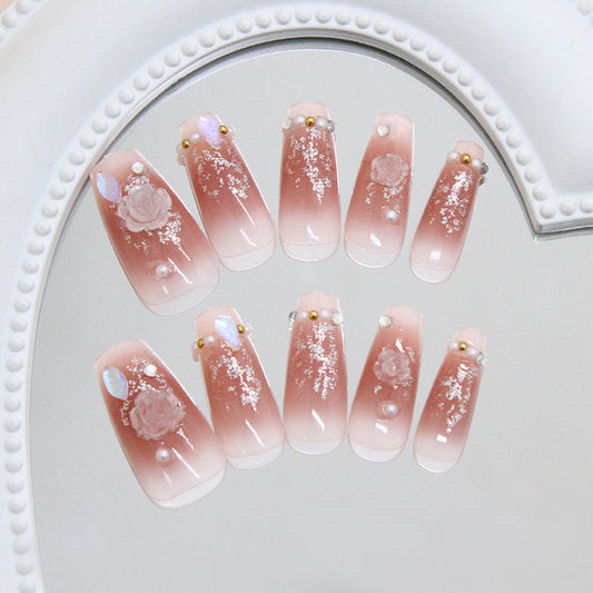 Romantic Garden Long Coffin Pink with Floral Embellishments and Glitter Press On Nail Set