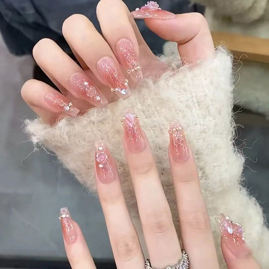 Enchanted Elegance Long Coffin Pink Ombre Finish with Gemstone Accents Press-On Nail Set