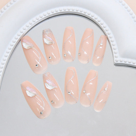 Enchanted Elegance Long Coffin Blush Pink Nails with Sparkling Accent Gems
