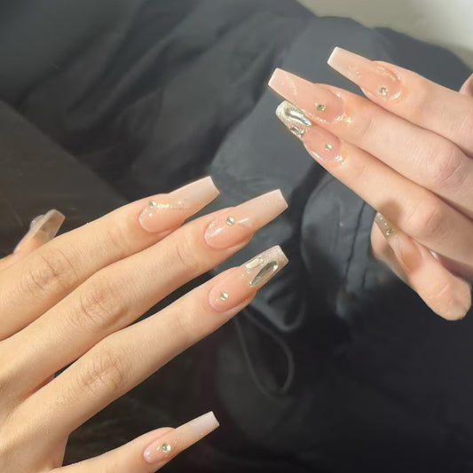 Elegant Dreamy Press On Nail Set Long Square Beige with Glittering Crystal Accents