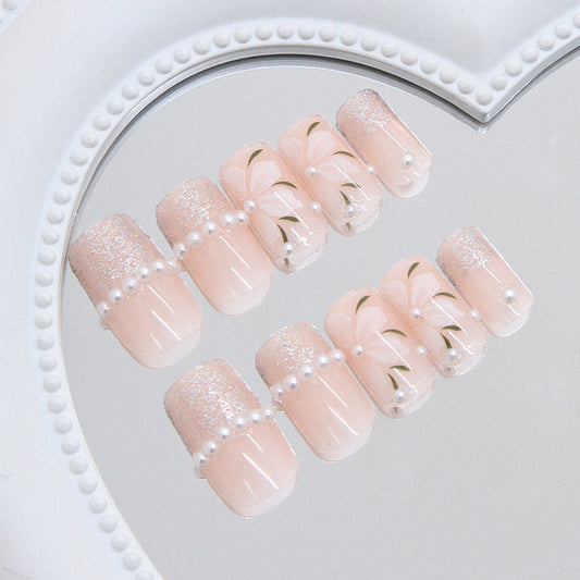 Charming Blossom Style Medium Square Soft Pink Nails with Glitter and Pearl Accents