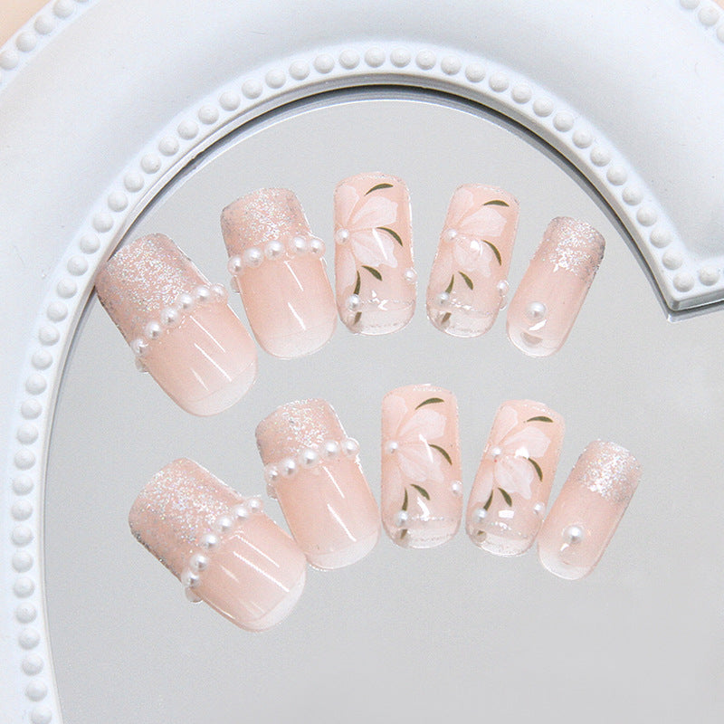 Whimsical Garden Medium Square Pink Ombre with Elegant Pearl Accents Press On Nail Set