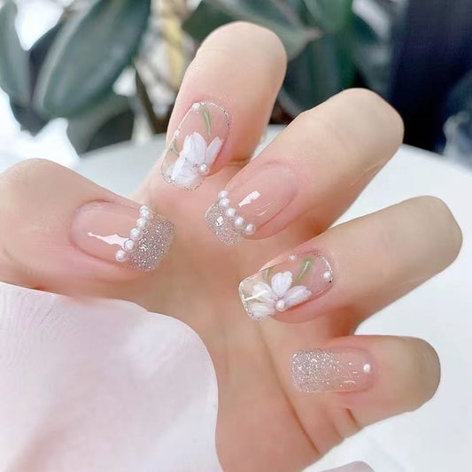 Elegant Garden Inspired Medium Square Clear Glitter Press On Nail Set with Floral Accent and Pearl Details