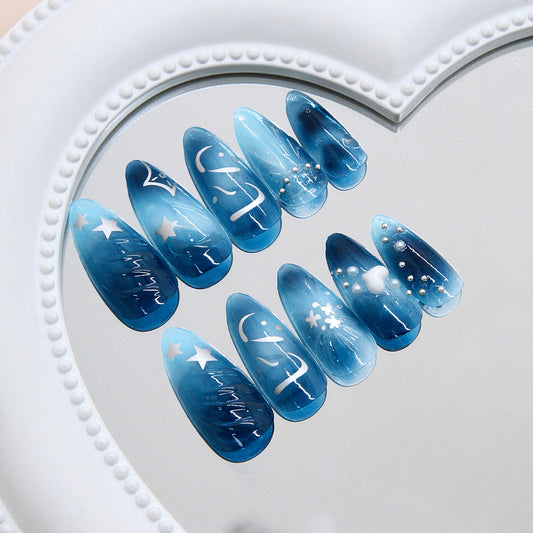 Celestial Dreams Long Almond Blue Ombre Press On Nail Set with Starry Design and Glitter Accents