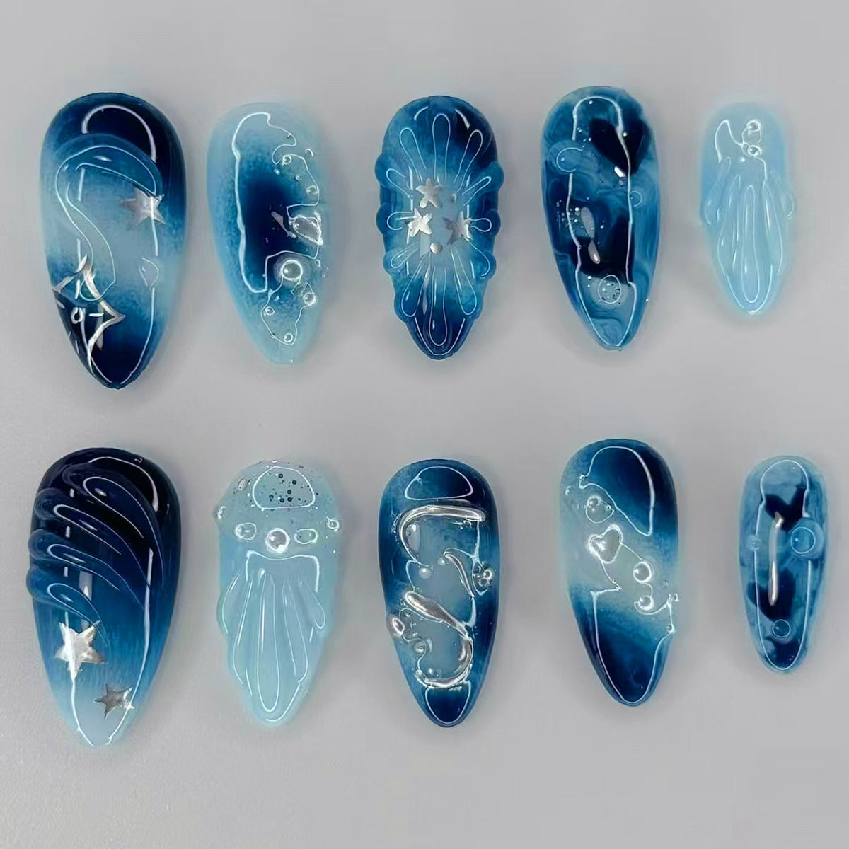 Oceanic Dream Long Almond Ombre Blue Nail Set with Aquatic Inspired Designs
