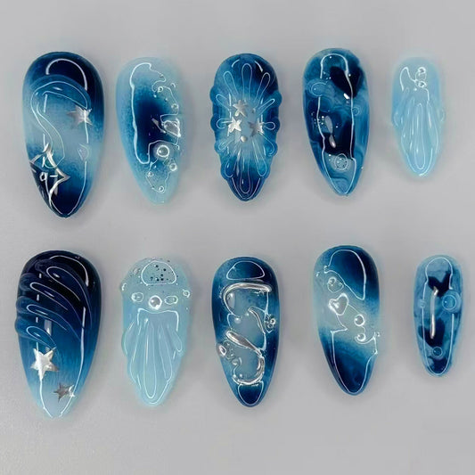 Oceanic Dream Long Almond Ombre Blue Nail Set with Aquatic Inspired Designs