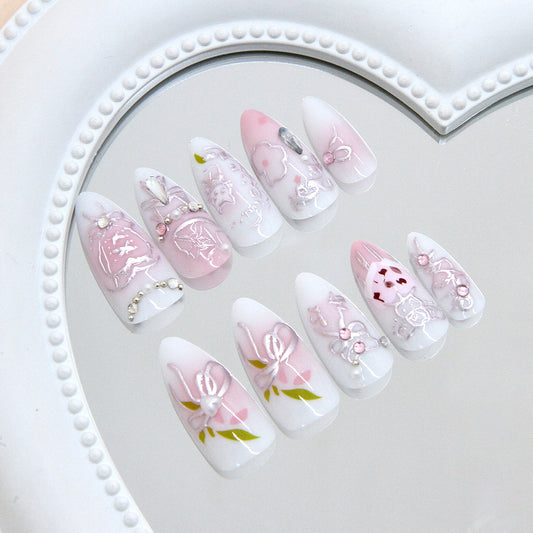 Enchanted Garden Long Almond Pink Elegant Design with Floral Accents and Gem Embellishments Press on Nail Set