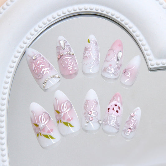 Enchanting Blossom Fantasy Long Almond Pink Press On Nail Set with Floral Embellishments