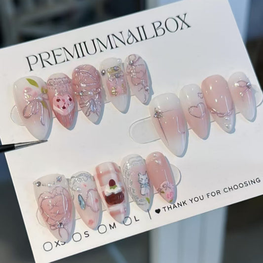 Whimsical Romance Long Almond Pink Press on Nail Set with Floral and Heart Designs