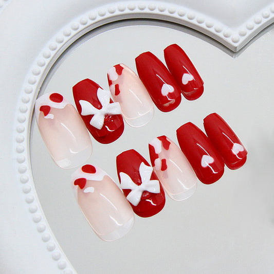 Romantic Heart Inspired Medium Coffin Red and Pink Nail Set with Charming Bow Accents