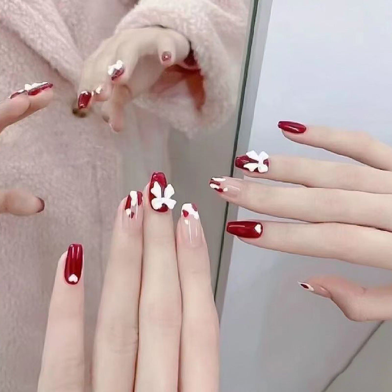 Charming Floral Delight Medium Coffin Red and Beige Press On Nail Set with Unique Flower Accent