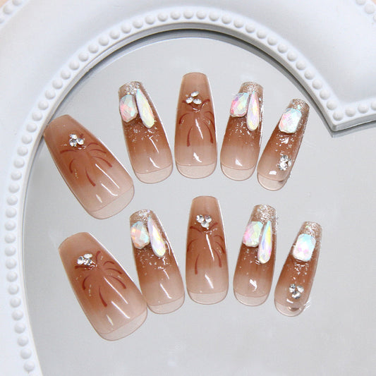 Elegant Garden Chic Long Coffin Beige Press On Nail Set with Iridescent Gemstone Accents