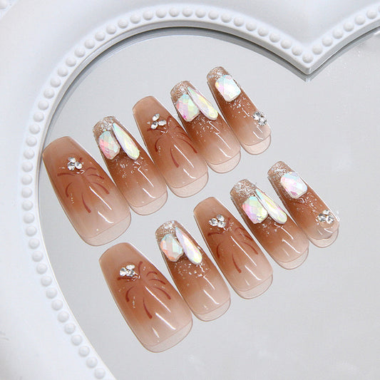 Celestial Elegance Long Coffin Beige Press-On Nail Set with Iridescent Accents and Artistic Flourishes