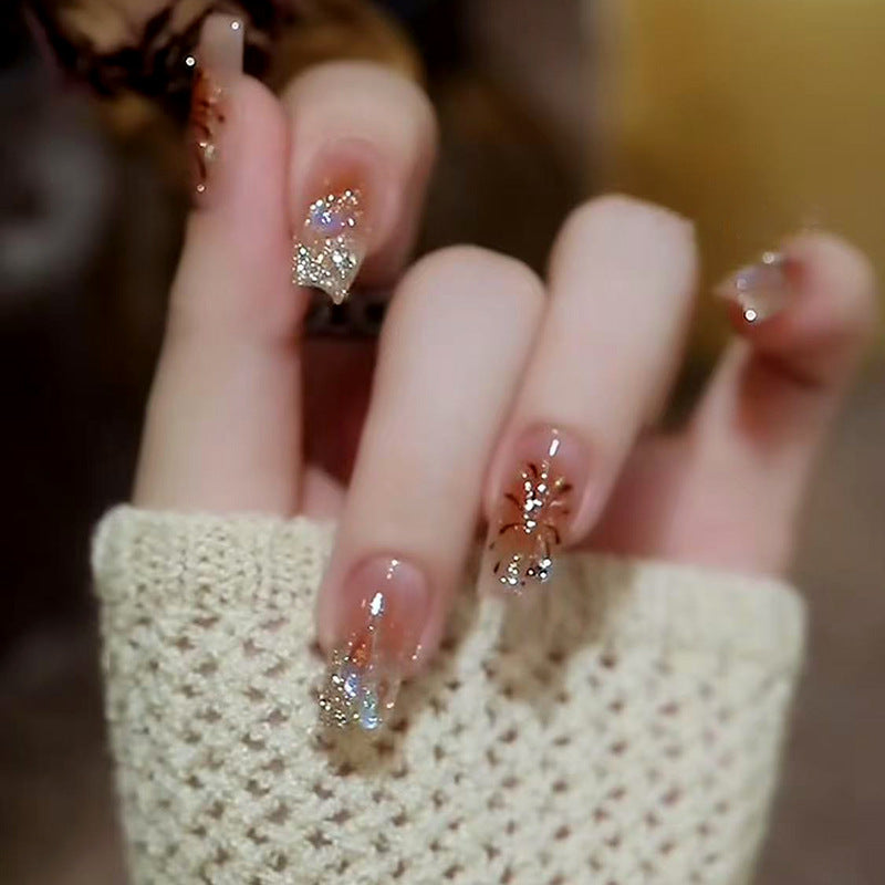 Autumn Elegance Long Coffin Champagne Glitter and Radiant Art Design Press On Nail Set