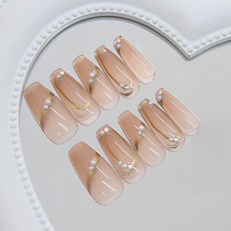 Elegant Garden Chic Long Coffin Light Pink Press On Nail Set with Pearl Accents and Gold Detailing