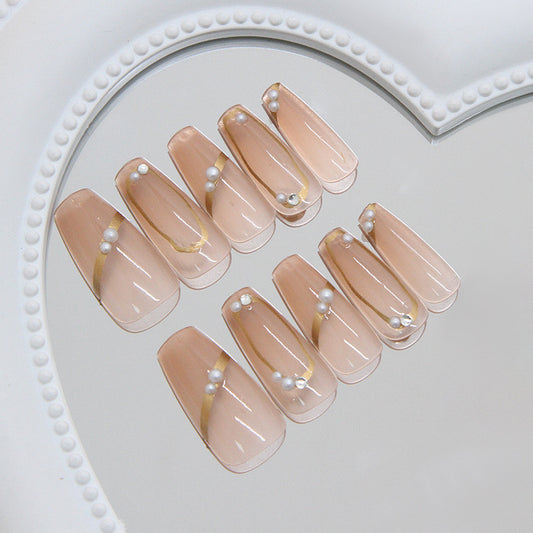 Elegant Garden Chic Long Coffin Light Pink Press On Nail Set with Pearl Accents and Gold Detailing