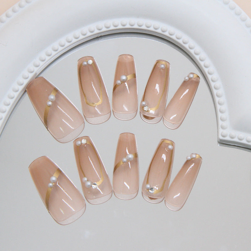 Glamorous Elegance Long Coffin Beige Press On Nail Set with Pearl and Gold Detailing