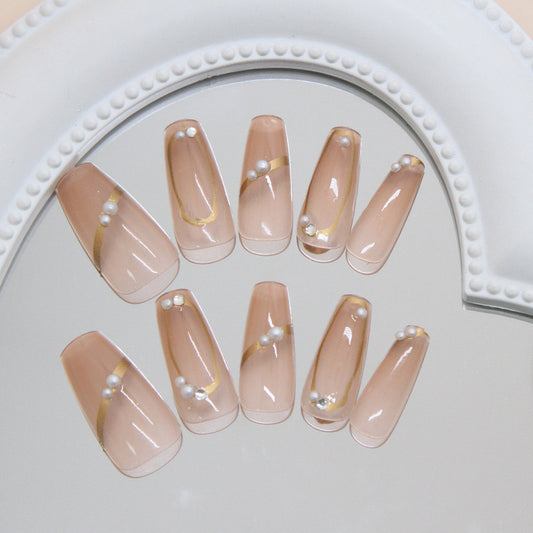 Glamorous Elegance Long Coffin Beige Press On Nail Set with Pearl and Gold Detailing