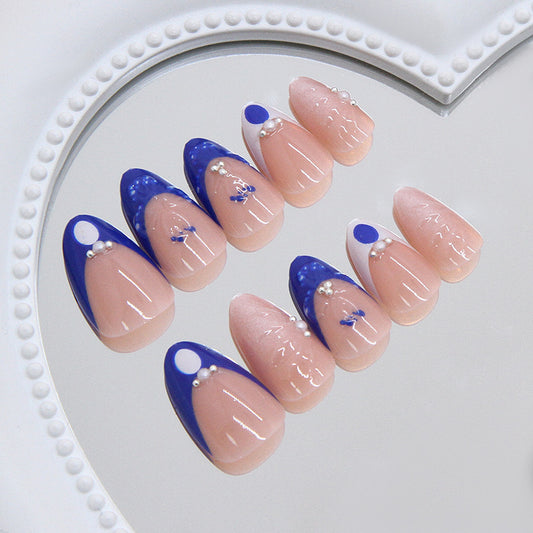 Celestial Chic Medium Almond Blue and Beige Press on Nail Set with Pearl Accents