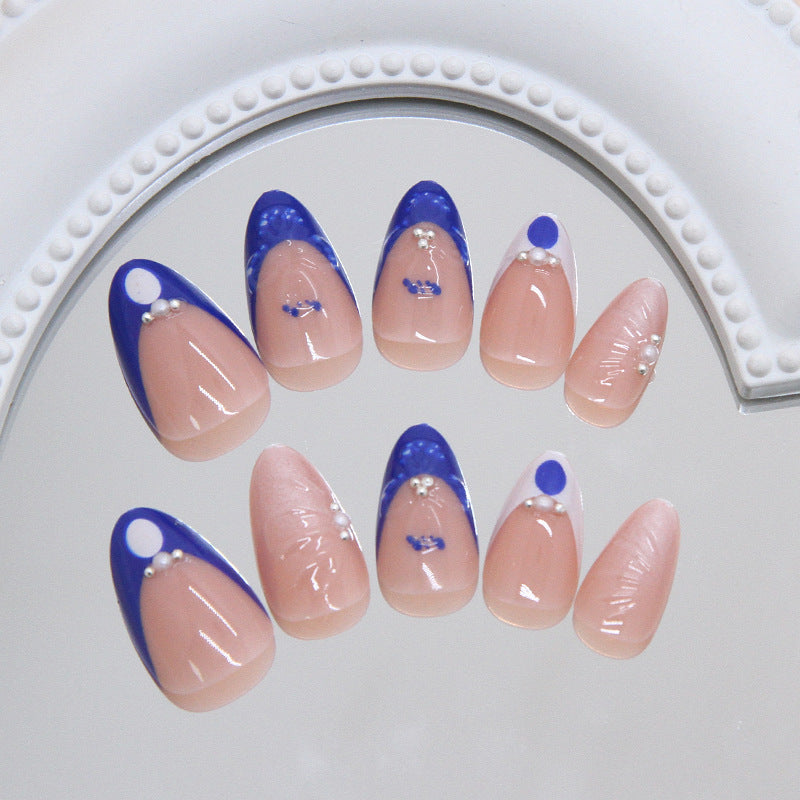 Celestial Charm Elegant Medium Almond Blue and Beige Press-On Nail Set with Pearl Accents