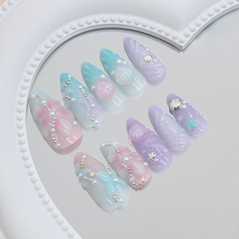 Mermaid Dreams Medium Almond Shaped Pastel Rainbow Press On Nail Set with Unique Pearly Accents