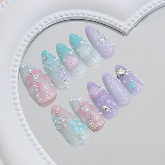 Mermaid Dreams Medium Almond Shaped Pastel Rainbow Press On Nail Set with Unique Pearly Accents