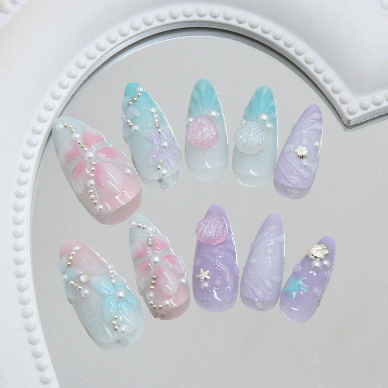 Ocean Breeze Elegant Medium Almond Press On Nail Set in Pastel Colors with Charming Pearl and Shell Embellishments
