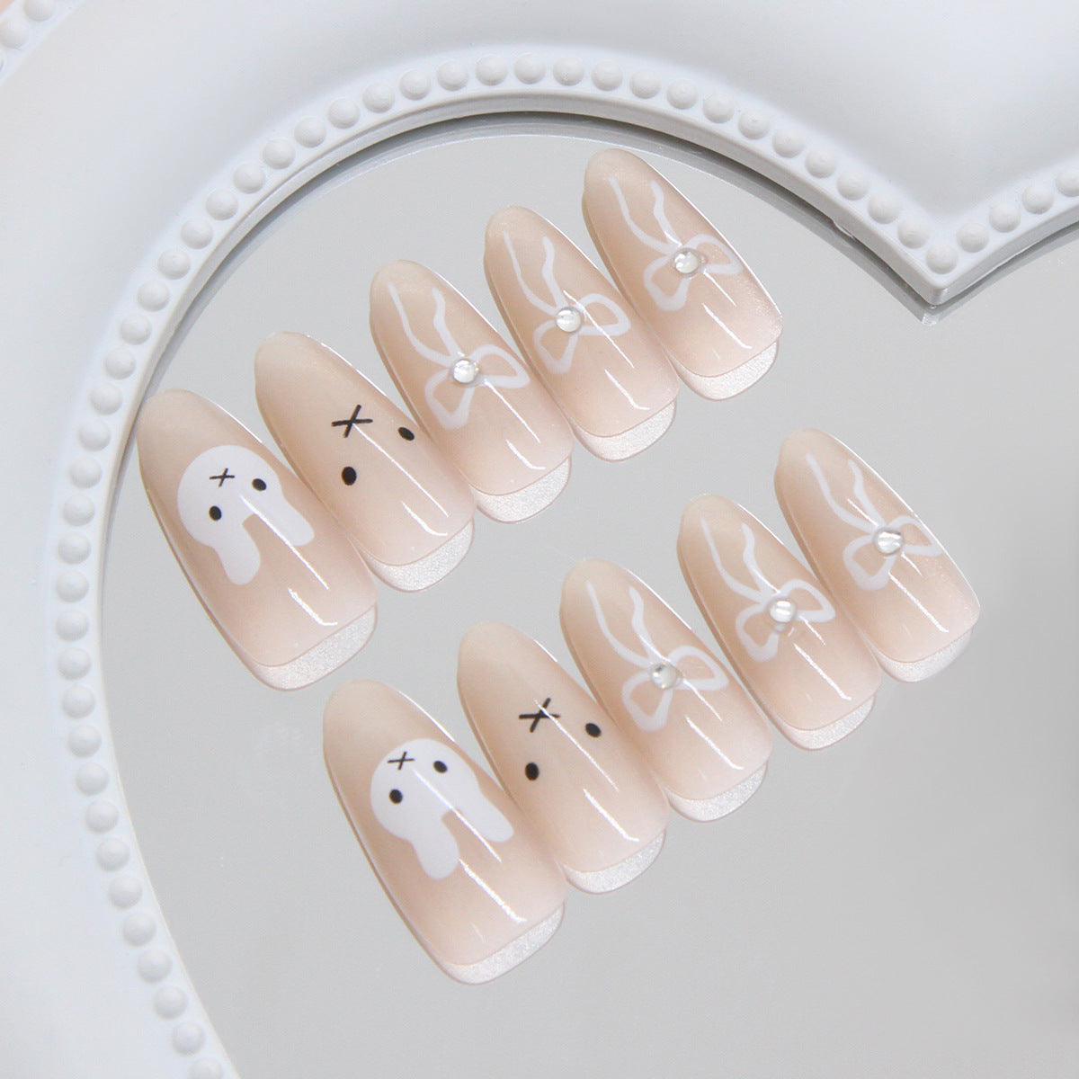 Whimsical Bunny Delight Long Almond Beige Nail Set with Adorable Character Designs and Elegant Pearl Accents