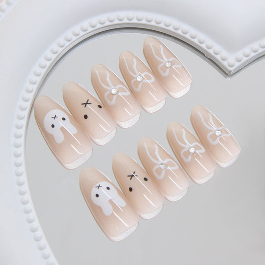 Whimsical Bunny Delight Long Almond Beige Nail Set with Adorable Character Designs and Elegant Pearl Accents