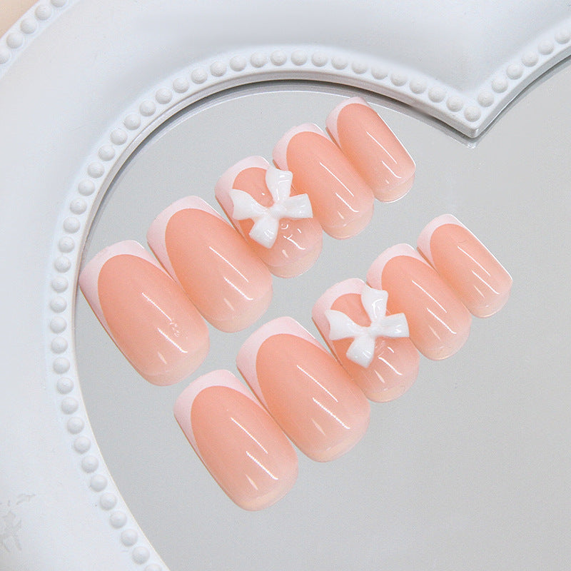 Charming Pastel Pink Medium Square Press On Nail Set with White Bow Accents
