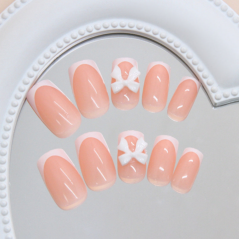 Charming Bliss Elegant Medium Square Peach Press On Nail Set with Cute Bow Accents
